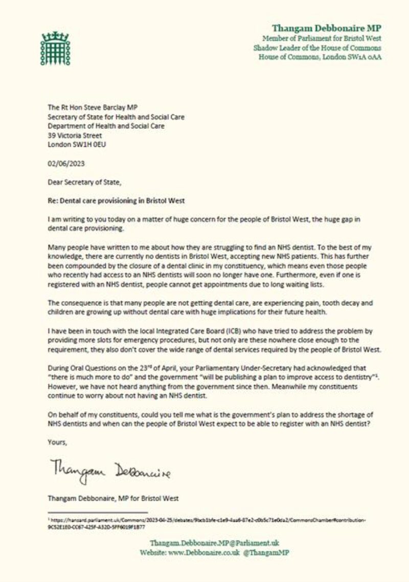 My letter to the Health Secretary