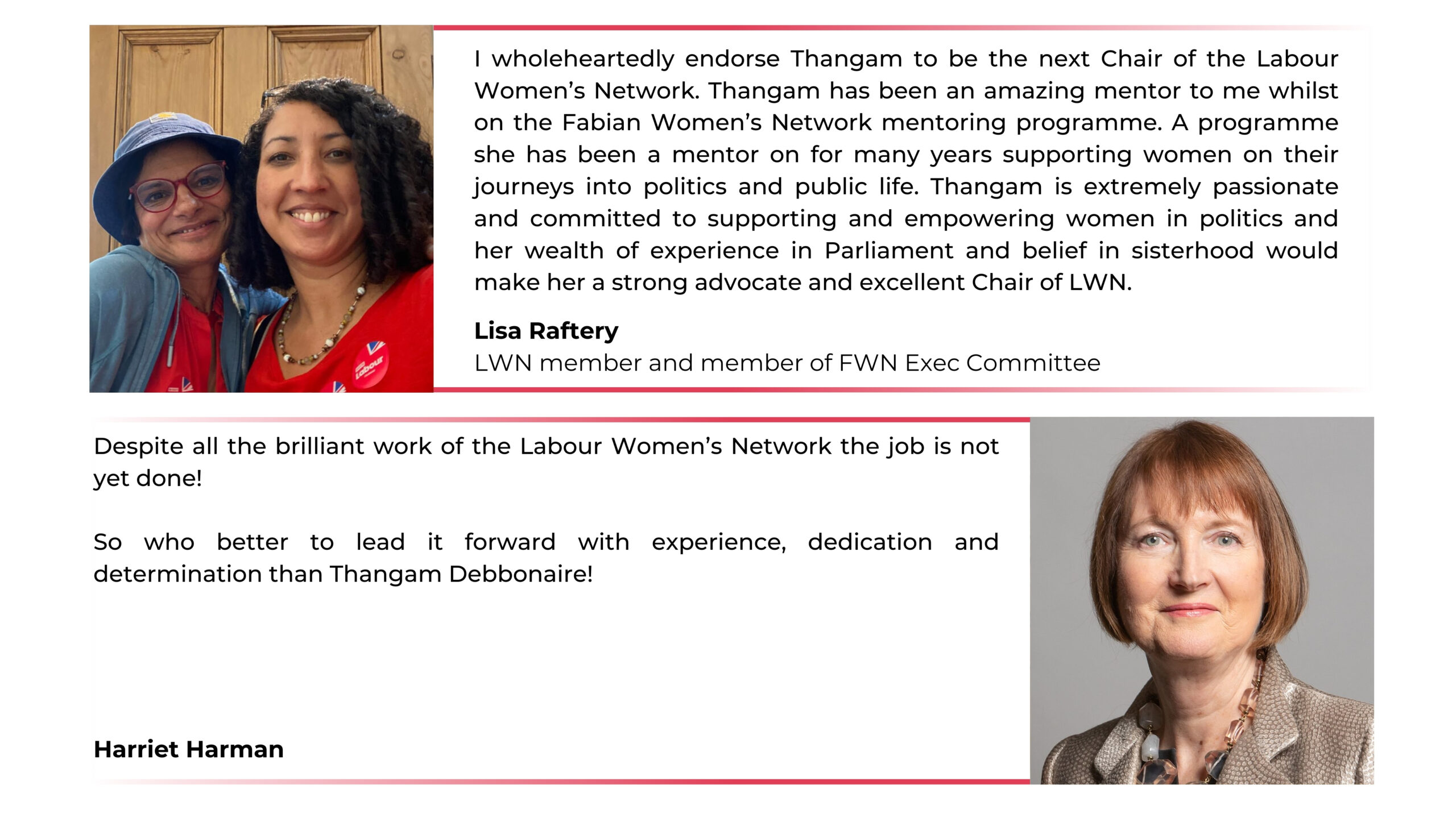 Endorsements from Lisa Raftery and Harriet Harman